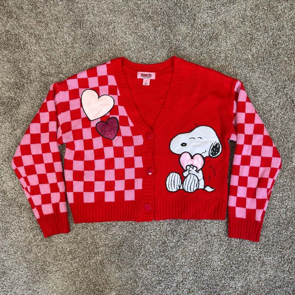 Peanuts Snoopy Heart Cardigan Small Red Pink Checkerboard Coquette Kawaii S